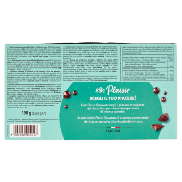 Lago Plaisir Chocolate Cioccolato al Latte Wafer cioccolato al latte con crema alle nocciole 5x38g