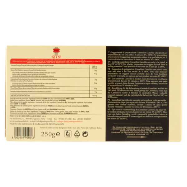 Garofalo Cannelloni 8-46 Pasta di Semola di Grano Duro 250 g