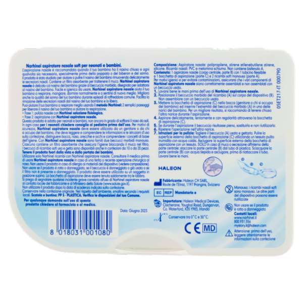 Narhinel aspiratore nasale per neonati e bambini utile a rimuove secrezioni nasali + 2 ricambi soft