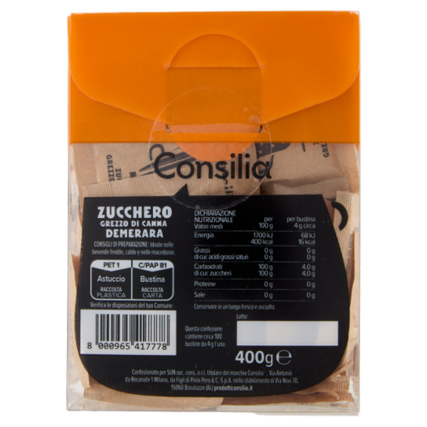 Consilia Zucchero di Canna Grezzo Demerara 100 Bustine da 4 g