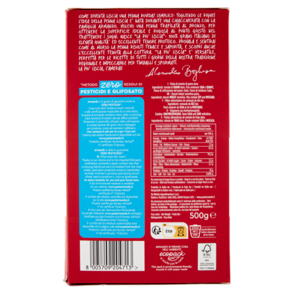 Armando Metodo* zero Residui di Pesticidi e Glifosato la Penna Liscia 500 g