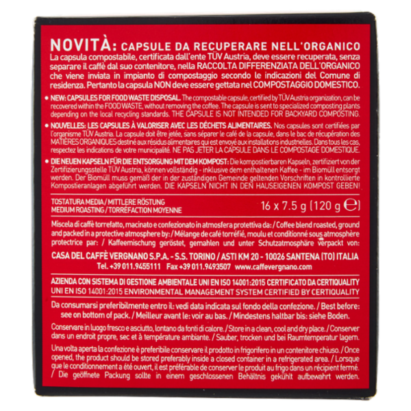 Caffè Vergnano 1882 Cremoso Compostabile** Capsule Compatibili Lavazza a Modo Mio* 16 x 7,5 g