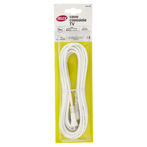 Selex Cavo Tv Spina Assiale + 1 spina 90° maschio-maschio, diametro 9,5 mm Bianco 5 m