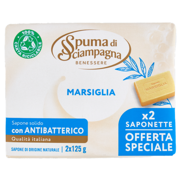 Spuma di Sciampagna Benessere Sapone solido Marsiglia 2 x 125 g