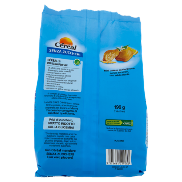 Céréal, Mini Cake gusto Limone, Senza Zuccheri, Senza Lattosio, Senza Olio di Palma - 7x28 g