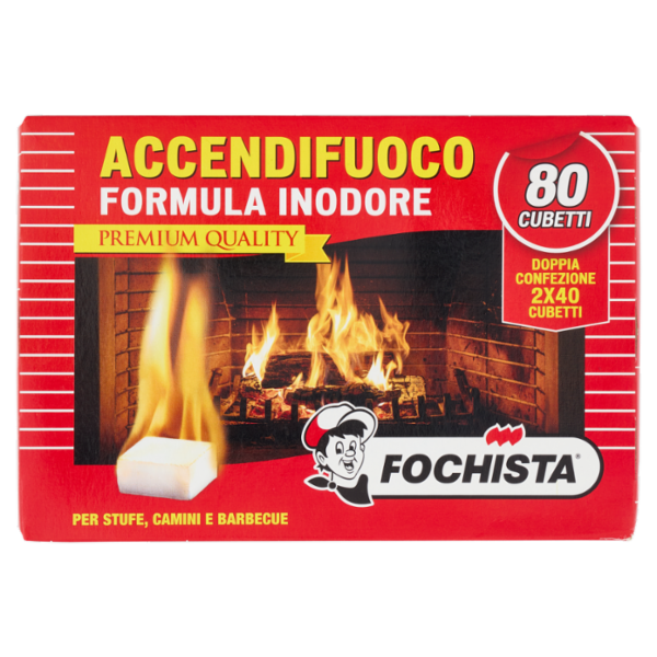 Fochista Accendifuoco Formula Inodore Premium Quality per Stufe, Camini e Barbecue Cubetti 2 x 40 pz