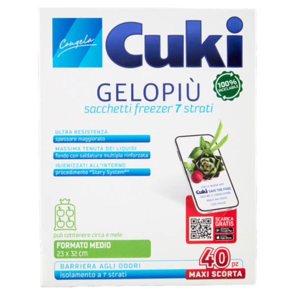 Cuki Congela Gelopiù sacchetti freezer 7 strati Formato Medio 23 x 32 cm 40 pz