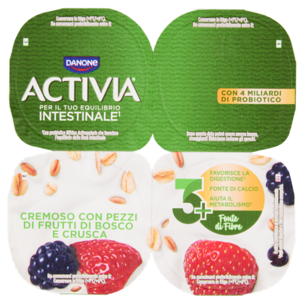 ACTIVIA Fibre Yogurt con Probiotico Bifidus, gusto Frutti di Bosco e Crusca, 4x125g
