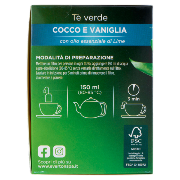 Everton Tè verde Cocco e Vaniglia Filtri 40 x 1,3 g