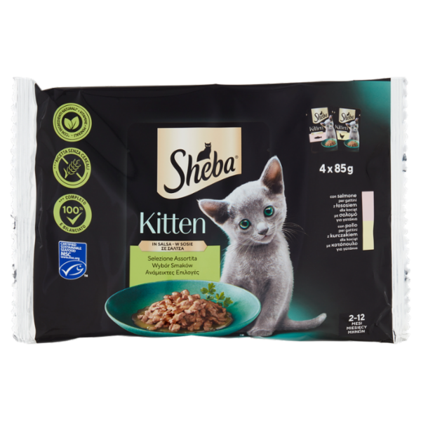 Sheba Kitten in salsa cibo umido gatto gattino Selezione Assortita 4x85g