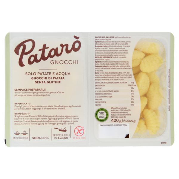 Patarò Gnocchi Solo Patate e Acqua Gnocchi di Patata Senza Glutine 2 x 200 g