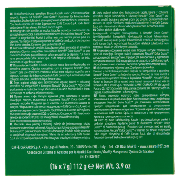 Carraro Crema Espresso Capsule Compatibili Nescafé* Dolce Gusto* 16 x 7 g