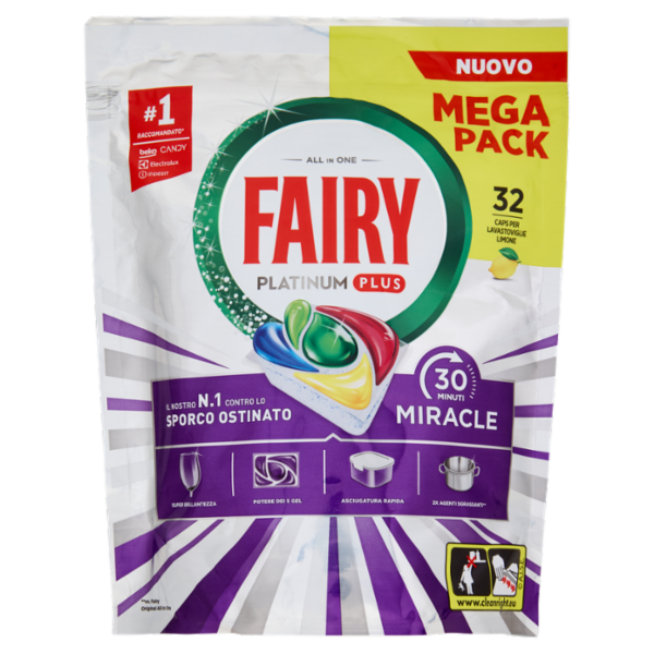 Fairy Pastiglie Lavastoviglie Platinum Plus All in One Miracle, Detersivo Piatti Limone 32 Caps 527g