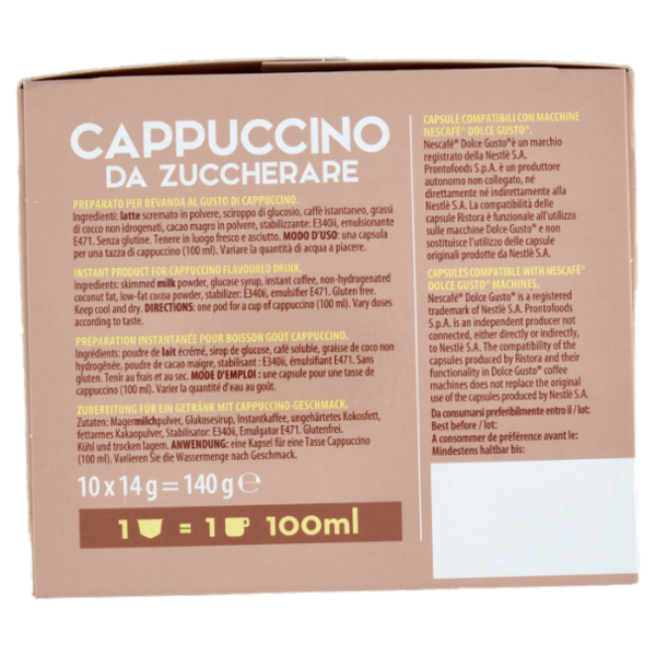 ristora Cappuccino da Zuccherare Capsule Compatibili con Macchine Nescafè Dolce Gusto 10 x 14 g