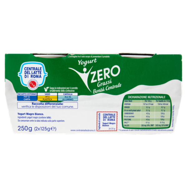 Centrale del Latte di Roma Zero Grassi Yogurt Magro Bianco 2 x 125 g