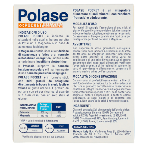 Polase Pocket, Magnesio e Potassio, Integratore per Stanchezza e Fatica, 14 stick orosolubili 37 g