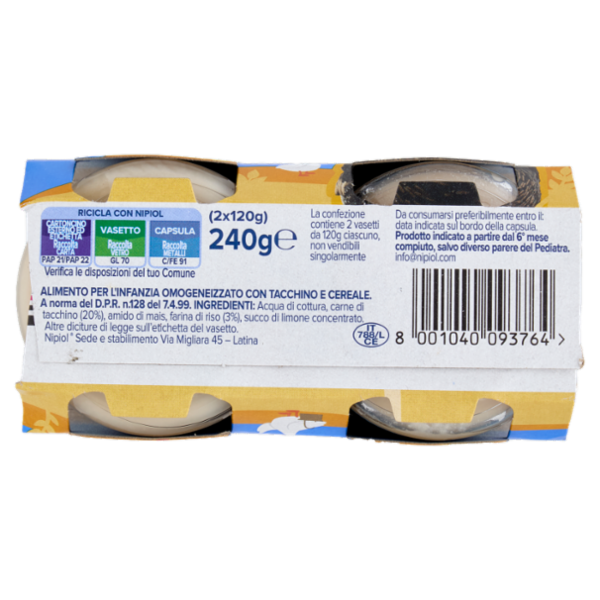 nipiol tacchino omogeneizzato con carne e cereale 2 x 120 g