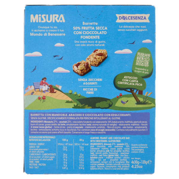 Misura Dolcesenza Barrette 50% Frutta Secca con Cioccolato Fondente 4 x 30 g