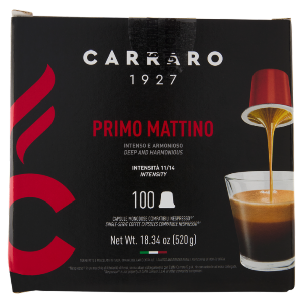 Carraro Primo Mattino Capsule Monodose Compatibili Nespresso* 100 x 5,2 g