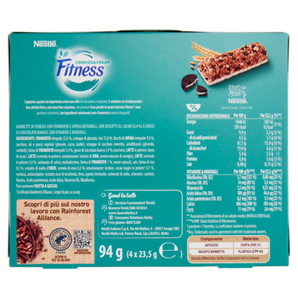 FITNESS Cookies&Cream Barrette Cereali Integrali con Biscotti e Cioccolato Bianco 4 pezzi da 23,5g