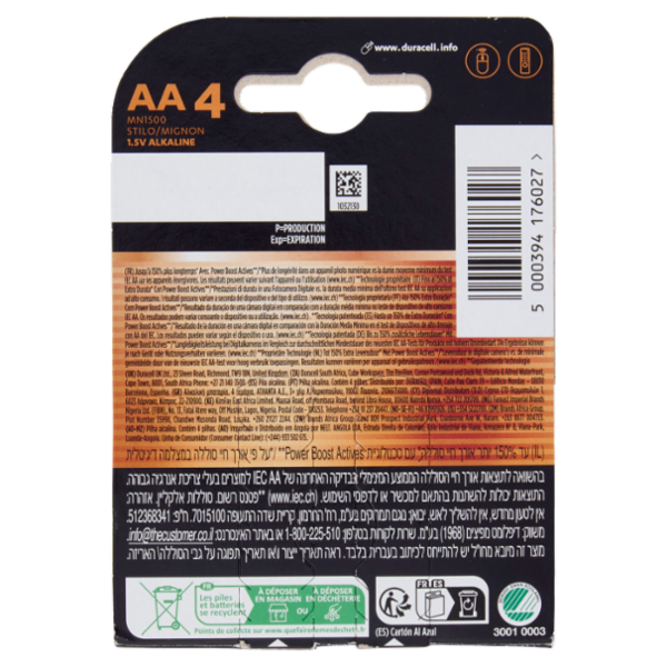 Duracell Plus AA 4 Stilo / Mignon Alcalina 1.5V MN1500 4 pz