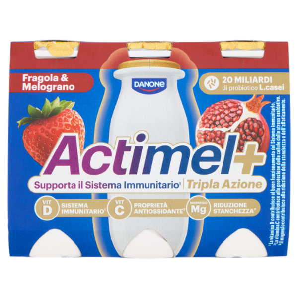 ACTIMEL Tripla Azione, Yogurt da Bere con Vit D e C e Magnesio, gusto Fragola&Melograno,6x100G