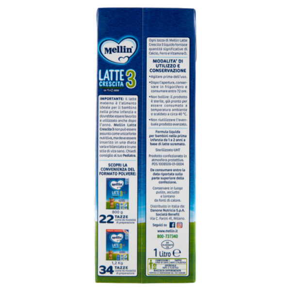 MELLIN 3 - Latte di Crescita Liquido per Bambini da 1 a 2 anni 1L