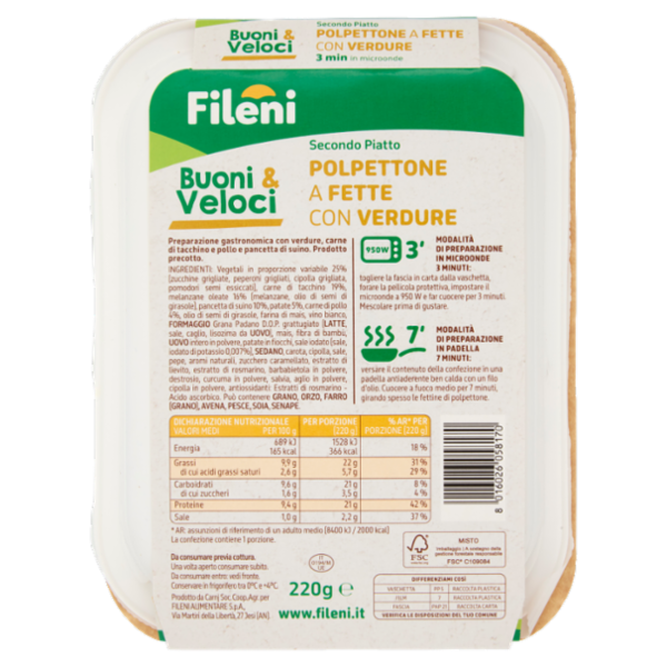 Fileni Buoni & Veloci Secondo Piatto Polpettone a Fette con Verdure 220 g