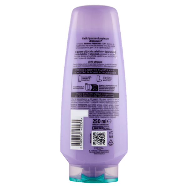 Elvive Hyaluronic Pure 72H Balsamo Reidratante, per Cute e Radici Grasse, 250 ml