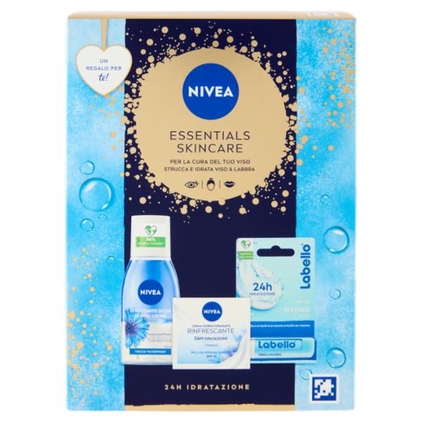 Nivea Essentials Skincare Struccante Occhi 125 ml + Labello Hydro Care 4,8 g + Crema Giorno 50 ml