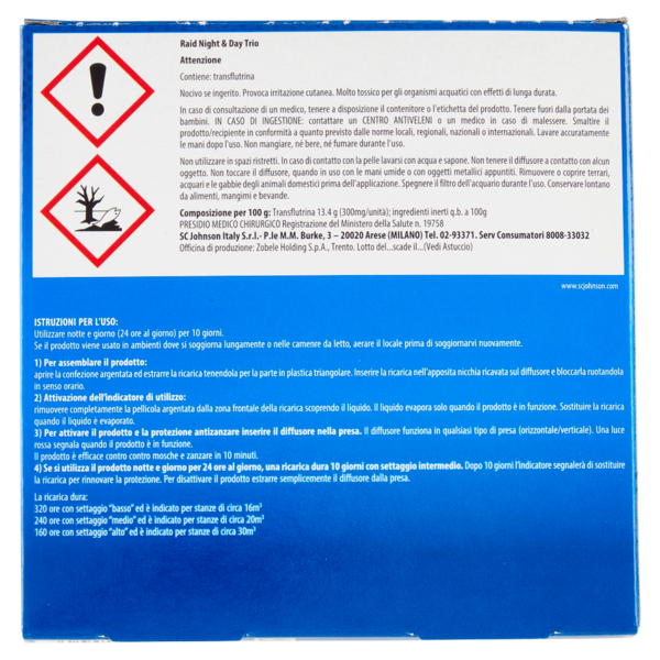 Raid Night & Day Trio Zanzare, Zanzare Tigre, Mosche 2 Ricariche