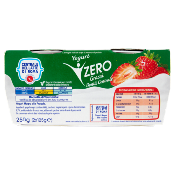 Centrale del Latte di Roma Zero Grassi Fragola Yogurt magro con frutta in pezzi 2 x 125 g
