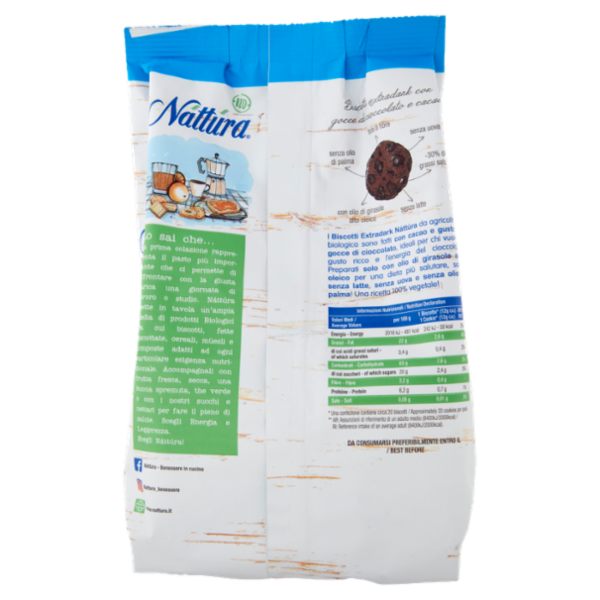 Náttúra Biscotti Extradark con gocce di cioccolato e cacao Bio 250 g