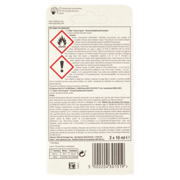 Glade Sense&Spray Doppia Ricarica, Profumatore Ambienti con Sensore, Sandalo Bali e Gelsomino 2x18ml
