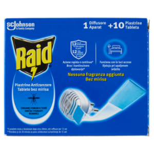 Raid Piastrine Antizanzare Comuni e Tigre, Azione Prolungata, 1 Diffusore + 10 Piastrine Ricarica