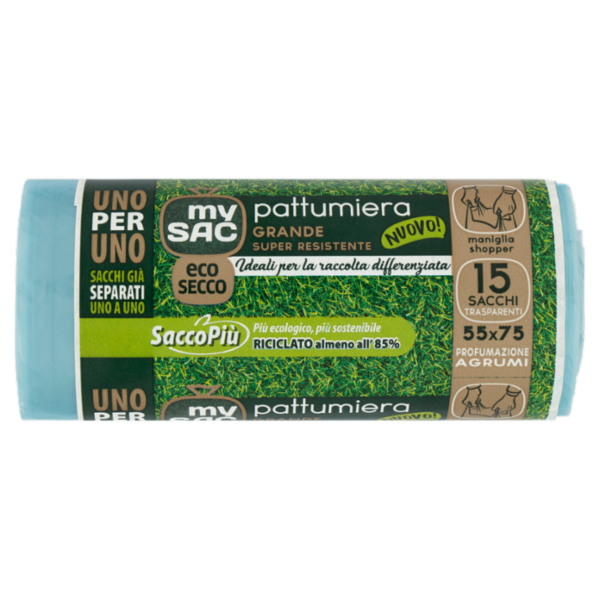my Sac eco secco Uno per Uno pattumiera Grande 55x75 Profumazione Agrumi Sacchi Trasparenti 15 pz
