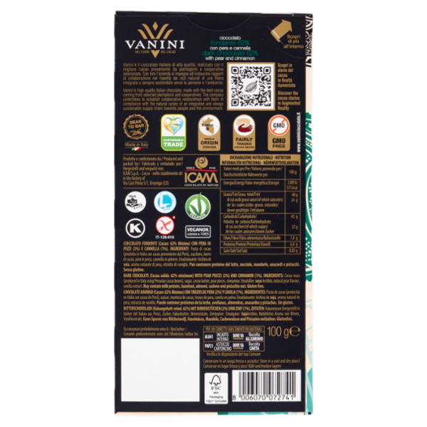 Vanini fondente 62% con pera e cannella 100 g