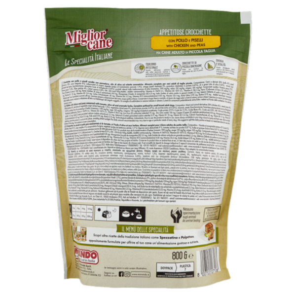 Migliorcane Le Specialità Italiane Crocchette Pollo, Piselli per Cane Adulto di Piccola Taglia 800 g