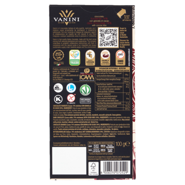 Vanini fondente 74% con granella di cacao 100 g