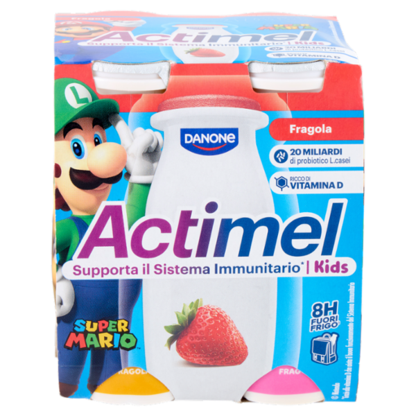 ACTIMEL SuperMario, Yogurt da Bere con Vit B6 e D per il Sistema Immunitario, gusto fragola, 4X100G