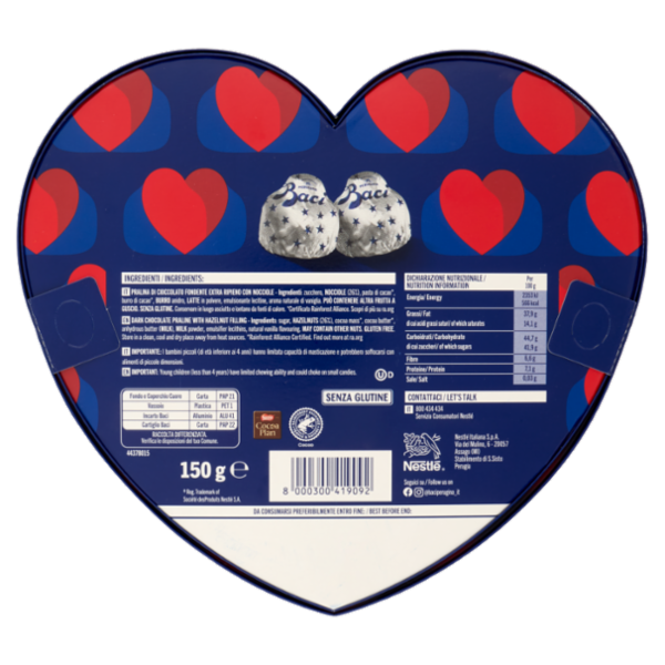 BACI PERUGINA Classico Cioccolatini Fondenti ripieni al Gianduia Scatola Cuore San Valentino 150g