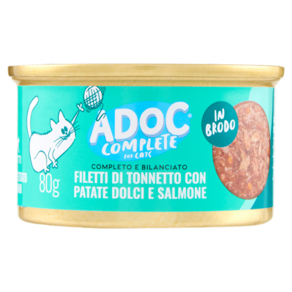 ADoC Complete For Cats Filetti di Tonnetto con Patate Dolci e Salmone in Brodo 80 g