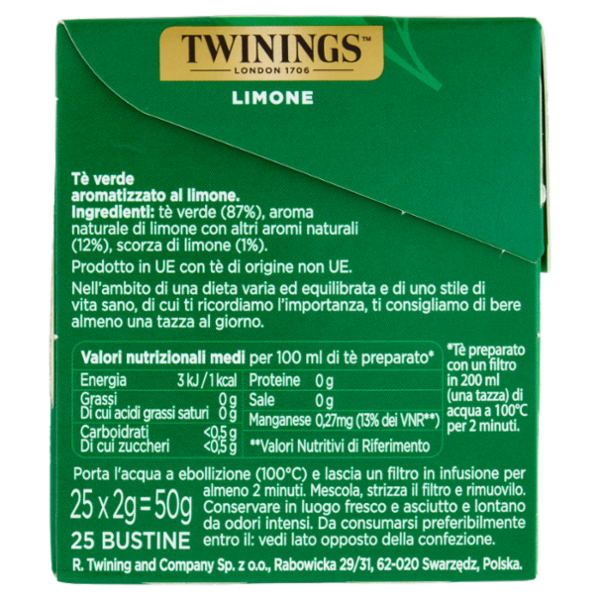 Twinings Limone Tè Verde aromatizzato Antiossidante e Supporto Metabolismo 25 filtri The 50 g