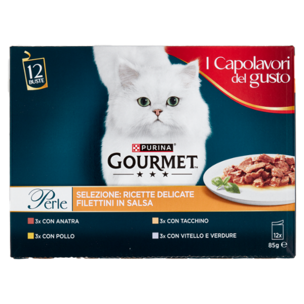 PURINA GOURMET Perle Ricette Delicate Filettini in Salsa Anatra, Pollo, Tacchino, Vitello 12x85g