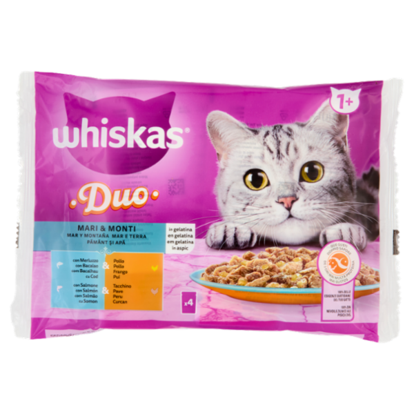 Whiskas Duo Cibo Umido Gatto Mari & Monti in Gelatina Merluzzo & Pollo, Salmone & Tacchino 4x85g