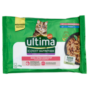 Ultima Expert Nutrition Cat Sterilizzati Benessere Digestivo Con Salmone, Con Tonno In Salsa 4 x 70g