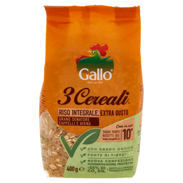 Gallo 3 Cereali Riso Integrale, Extra Gusto Grano Senatore Cappelli e Avena 400 g