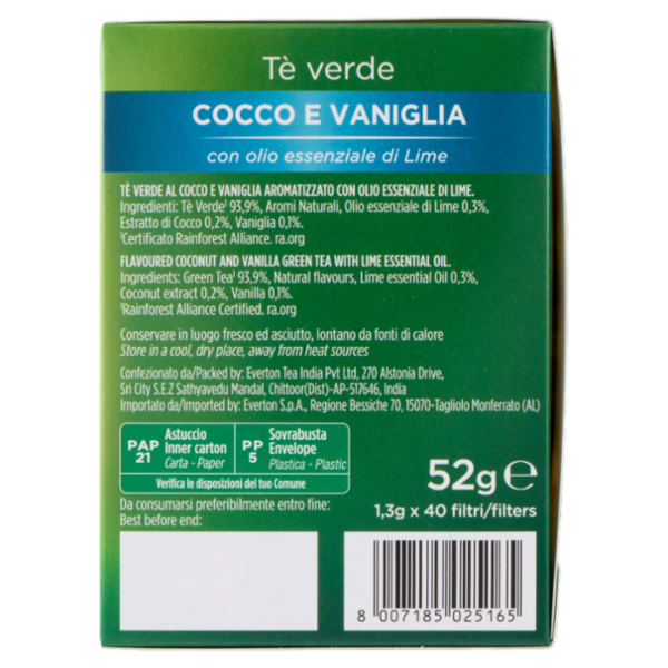 Everton Tè verde Cocco e Vaniglia Filtri 40 x 1,3 g