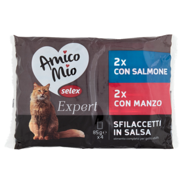Selex Amico Mio Expert Gatto Sfilaccetti in Salsa 2 con Salmone e 2 con Manzo 4x85 g