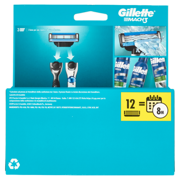 Gillette Mach3 Lamette di ricambio per Rasoio da Uomo, 12 Ricariche